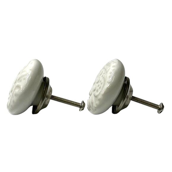 Lot of 2 Cabinet Drawer Kitchen Knob Pulls White Flower Embossed Design 1.5 in - Picture 2 of 7